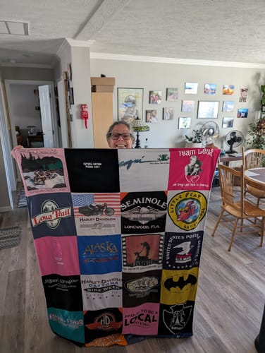 T-shirt quilt with motorcycling, travel themes by Gail from TN