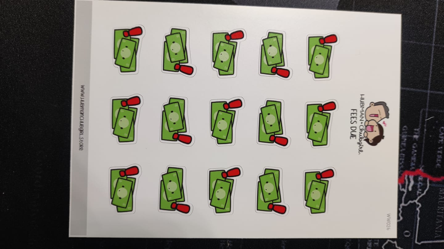 Customer photo review of Fees Due Planner Stickers