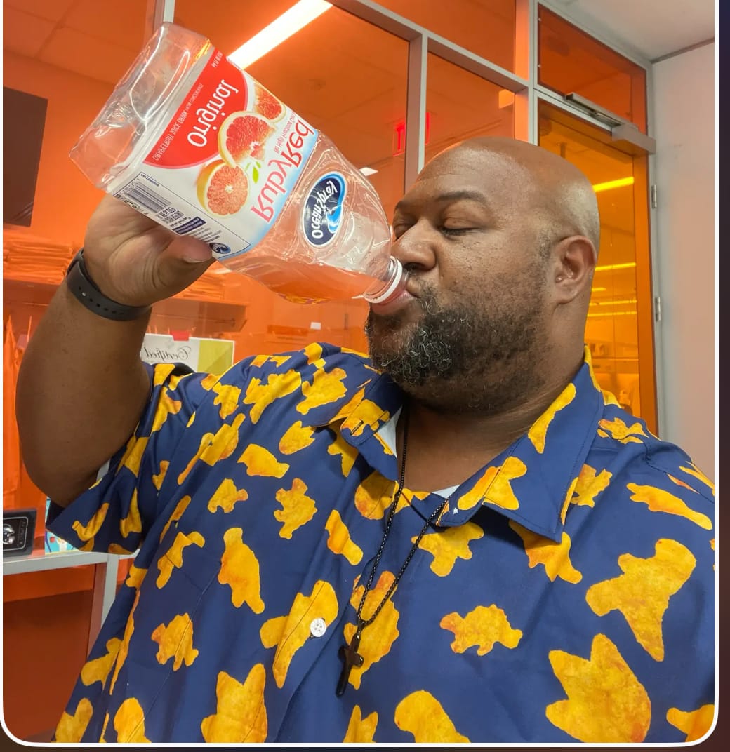 Customer photo review of Dinosaur Chicken Nuggets Blue Button Up Shirt