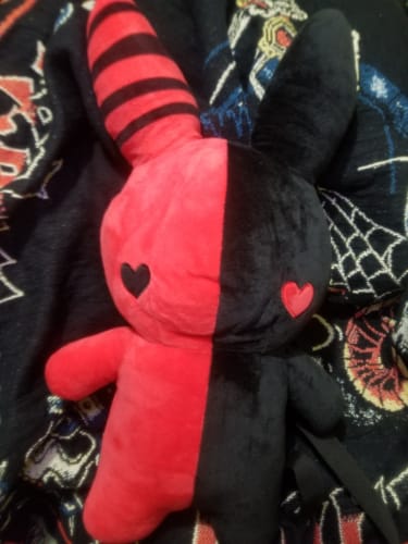 Customer photo review of Bunny Plush Backpack 20" (RED/BLACK)