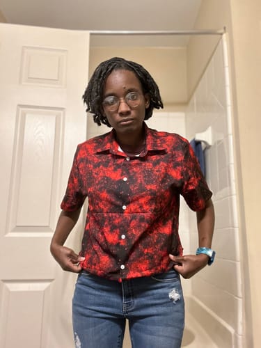 Customer photo review of Red Nebula Space Button Up Shirt