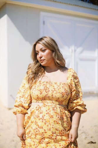 Customer photo review of Belle Golden Linen Midi Dress