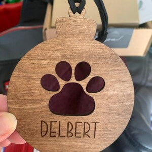 Customer photo review of Personalized Wood and Leather Paw Print Ornament