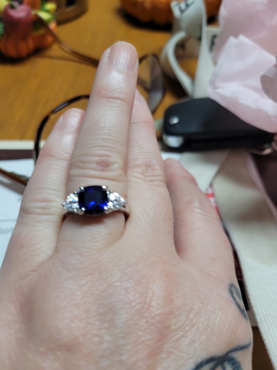 Customer photo review of 3-Stone 3ct Simulated Blue Sapphire CZ Ring in Sterling Silver