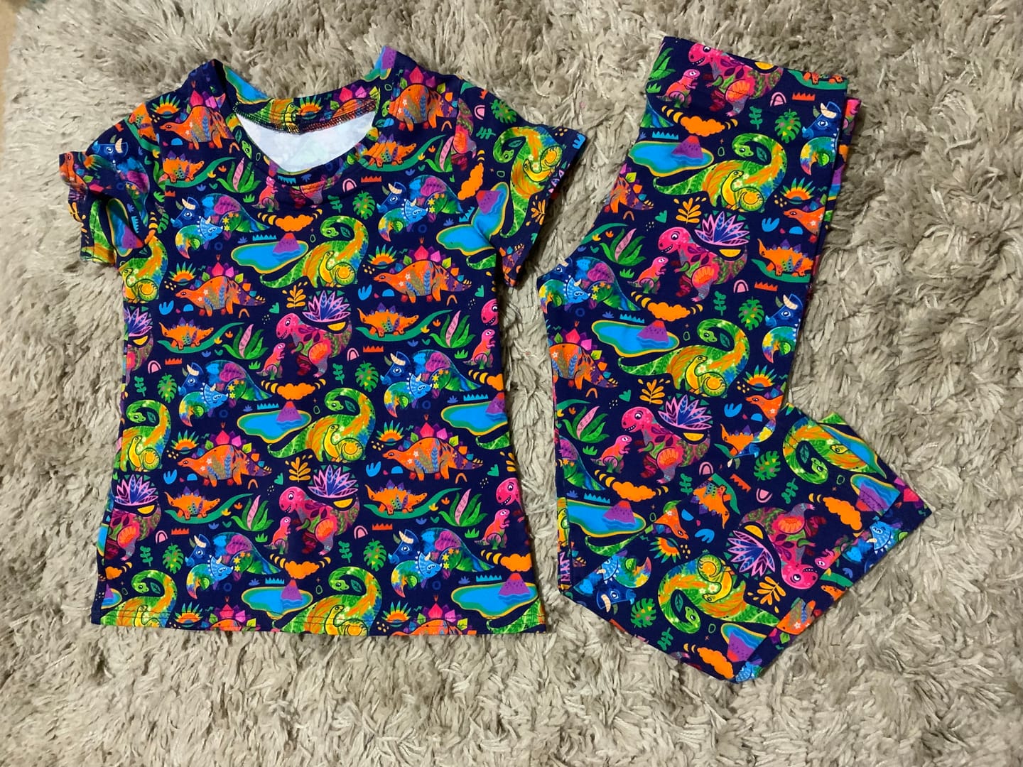 Customer photo review of Multicoloured Dinosaurs on Navy French Terry Fabric