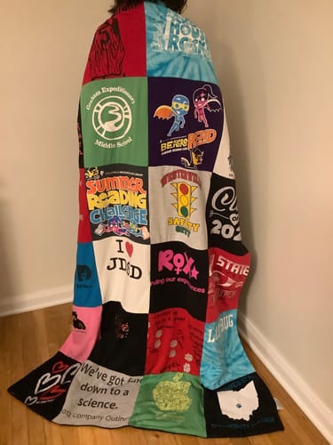 T-shirt quilt with reading, science themes by TIFFANY from OH