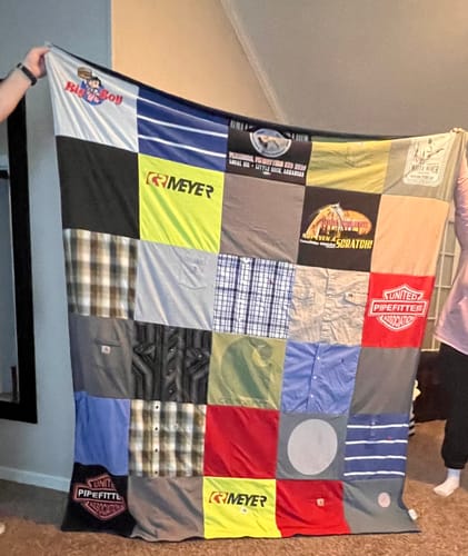 T-shirt quilt with fishing, hunting themes by Faith from AR