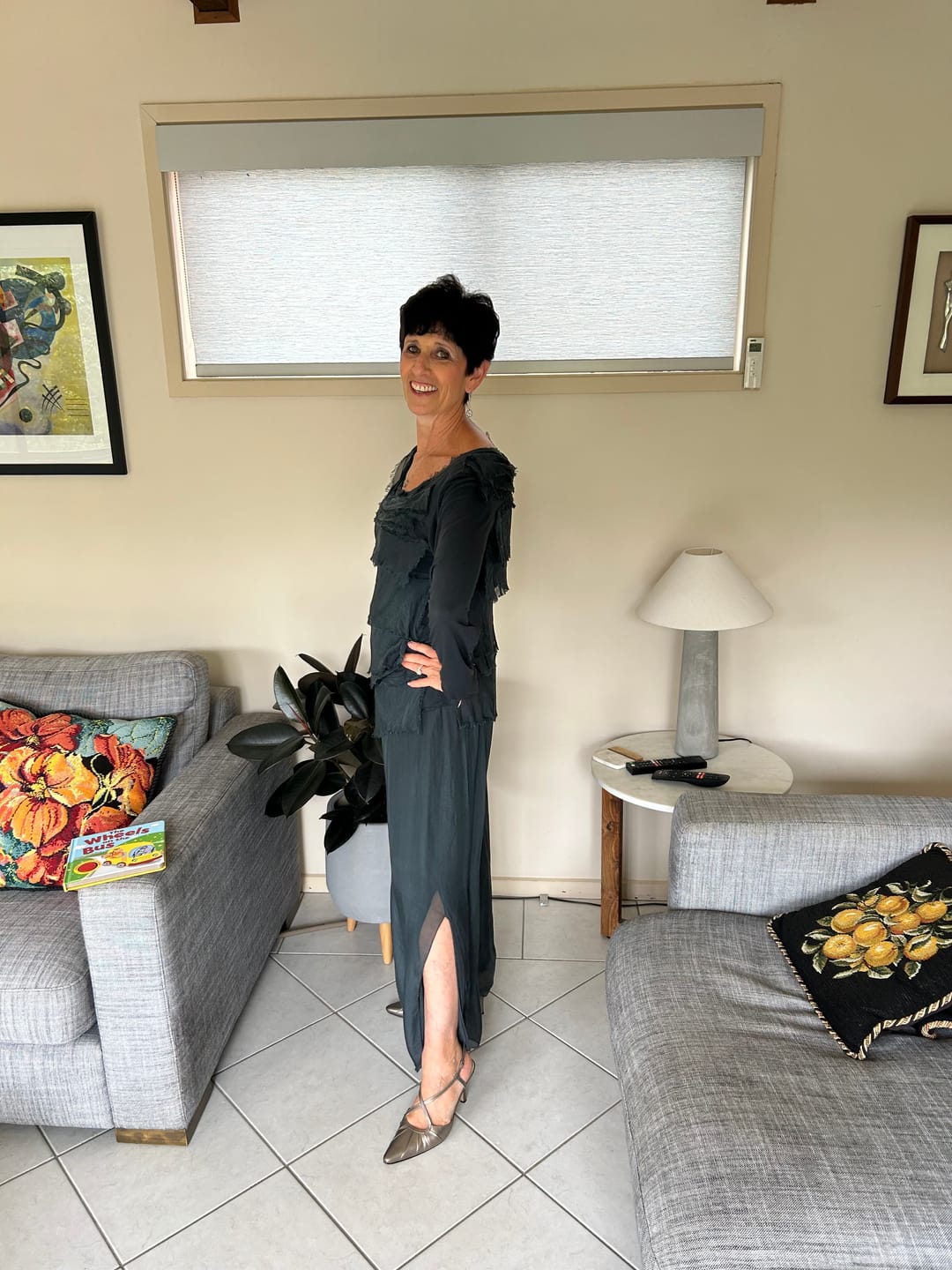Customer photo review of Gia Silk Pants in Granite