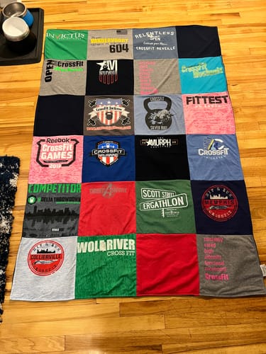 T-shirt quilt with fitness, crossfit themes by Amanda from TN