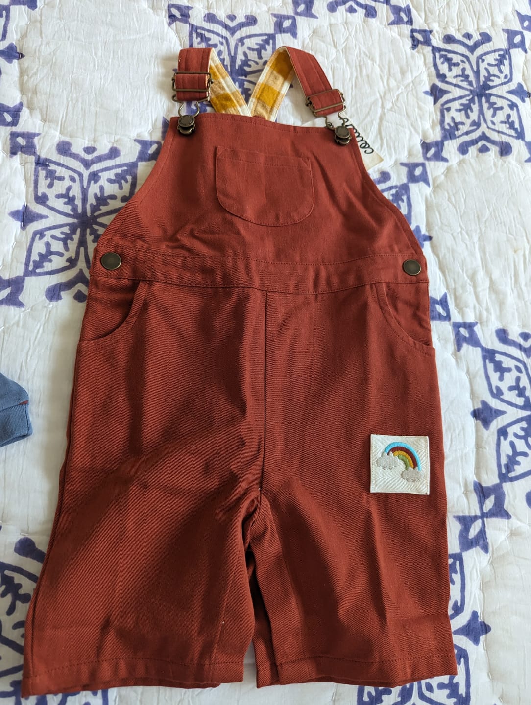 Customer photo review of Soft Red Twill Dungaree Shorts