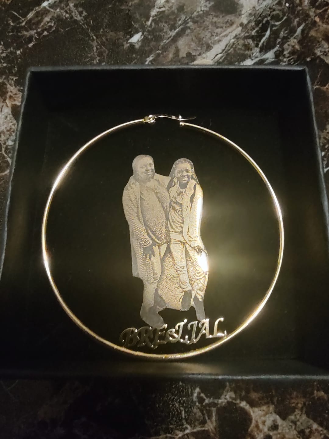 Customer photo review of Personalized Photo Engraved Hoop Earrings