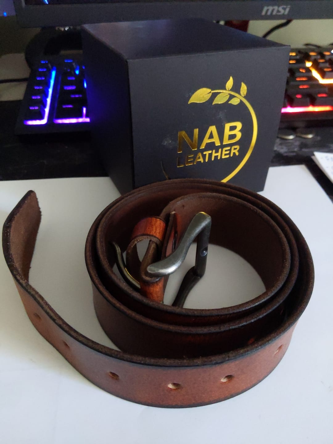 Customer photo review of The Canyon Belt - Tan Leather Belt with Charred Edges