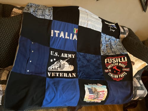 T-shirt quilt with military, cooking themes by Nina from PA