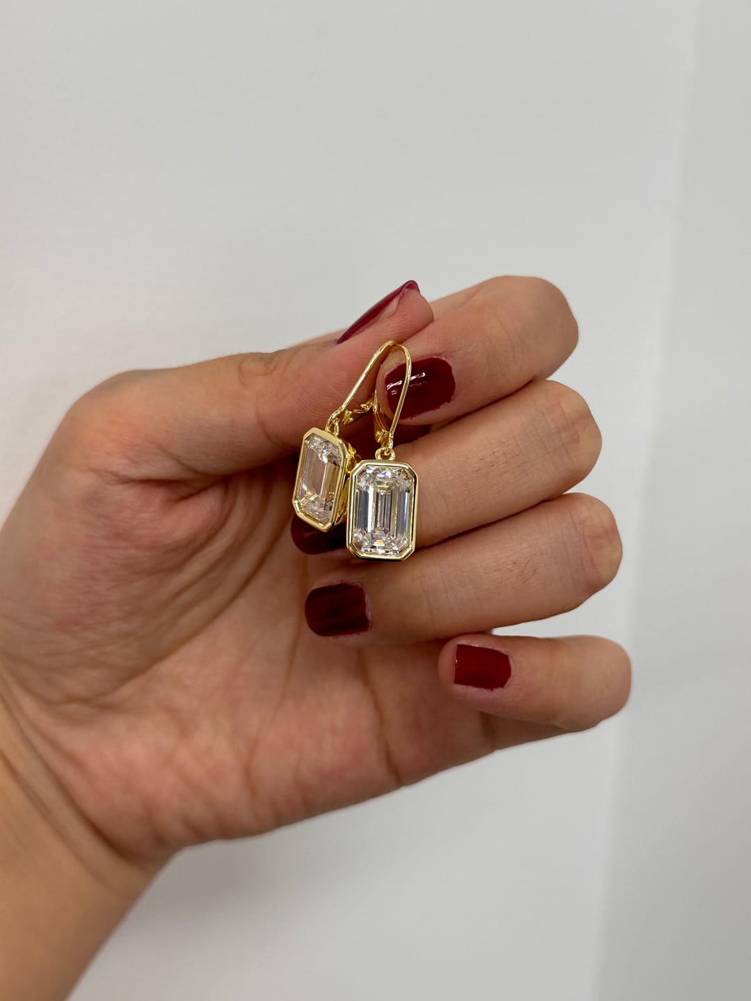 Customer photo review of Louily Special Yellow Gold Bezel Emerald Cut Women's Earrings In Sterling Silver