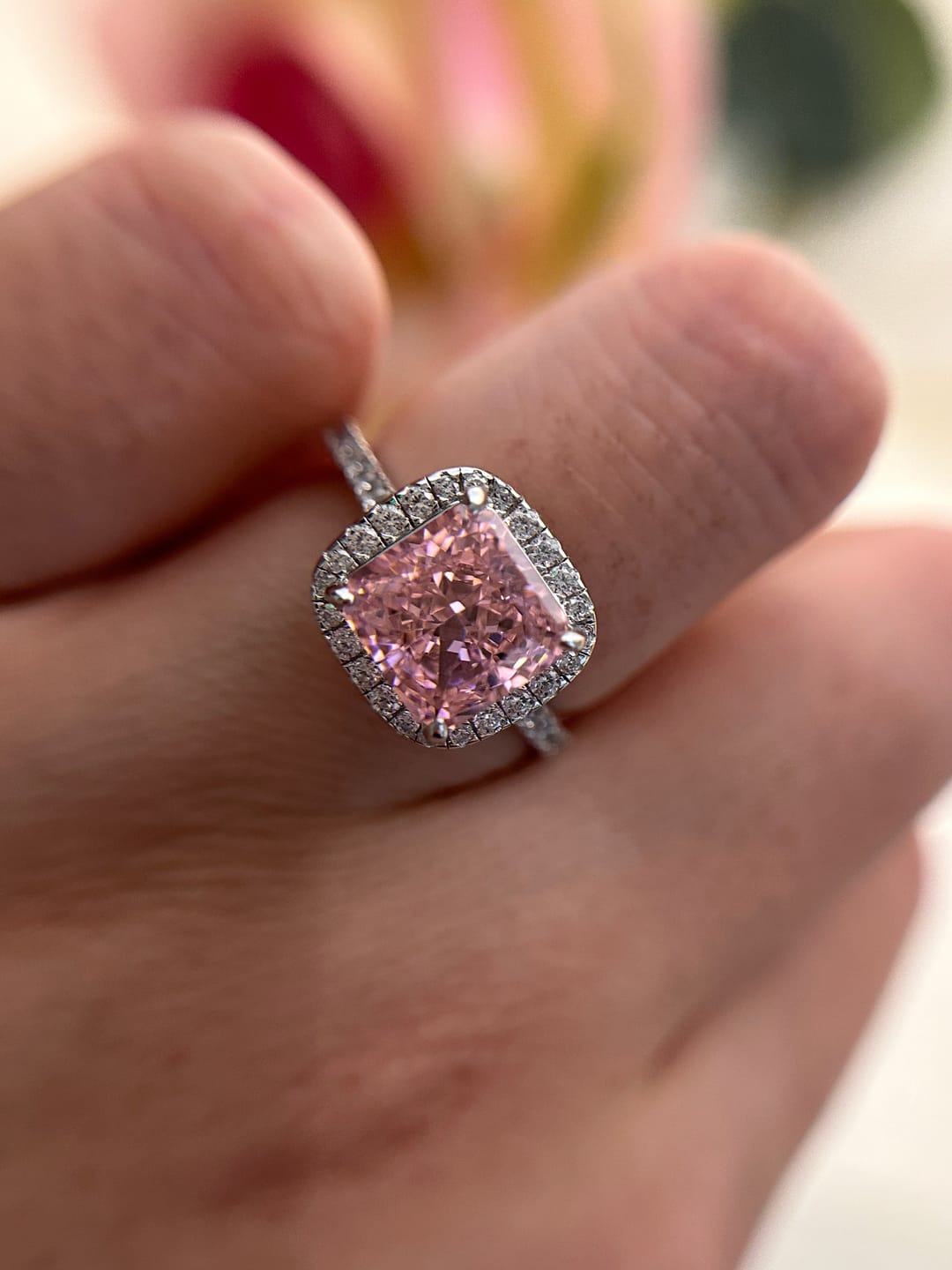 Customer photo review of Louily Lovely Halo Radiant Cut Pink Stone Engagement Ring