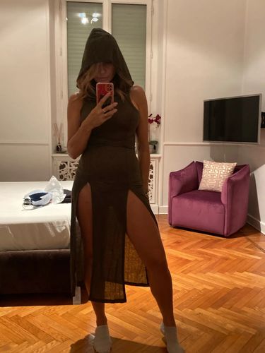 Customer photo review of Hoodie sleeveless slit hollow out self tie cowl neck maxi dress