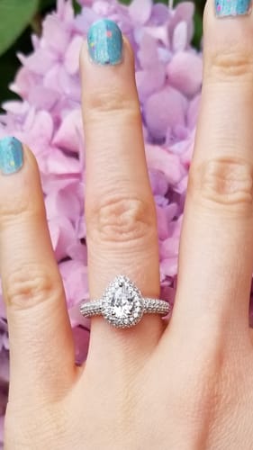 Customer photo review of Halo Pear Cut CZ Ring in Sterling Silver