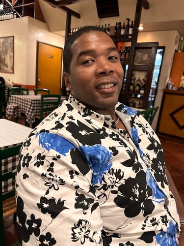 Customer photo review of Men's Floral Print Vacation Casual Blue Flower Cotton Short Sleeve Shirt