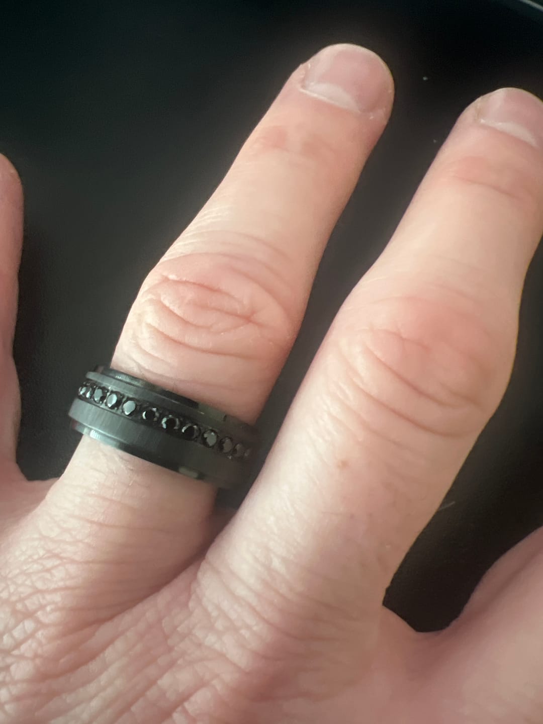 Customer photo review of 8mm Black Titanium Wedding Ring with Round Black Diamonds