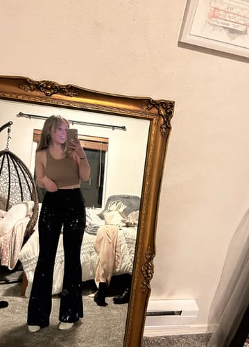 Customer photo review of Diva Sequin High Rise Elastic Waist Flare Pants