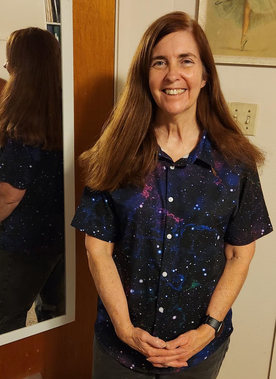 Customer photo review of Beautiful Nebula Outer Space Button Up Shirt