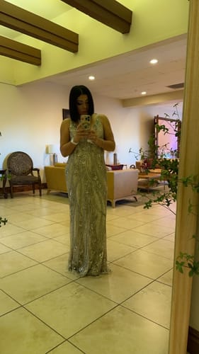 Customer photo review of Embellished Sleeveless Plunge Neck Low Back Gown