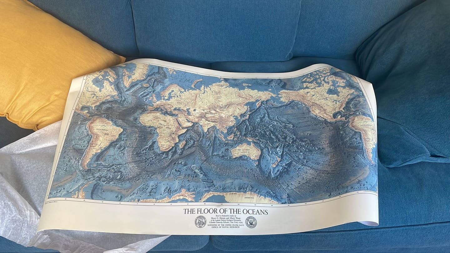 Customer photo review of Rare Old Map of the Ocean Floor and Land Relief by the US Navy in 1976 - Europe, Africa, Americas, Antarctica, Australia
