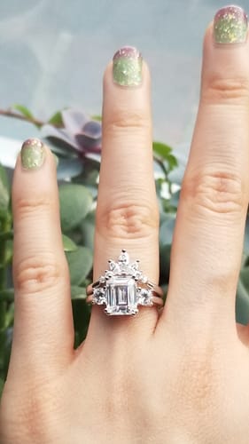 Customer photo review of 3-Stone Flower 2.6ct Emerald Cut CZ Ring Set in Sterling Silver