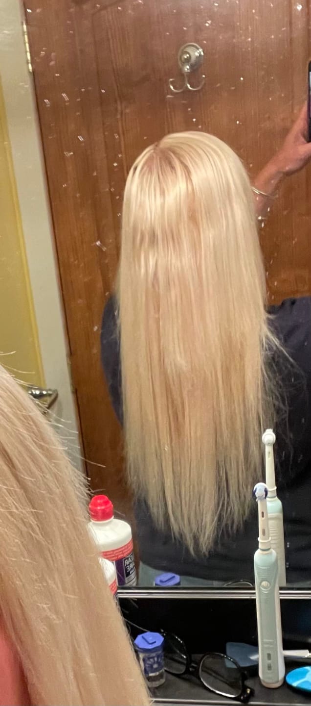 Customer photo review of Seamless Tape in Hair Extensions Best Virgin Hair Lightest Blonde #60