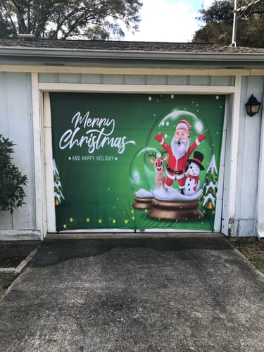 Customer photo review of Merry Christmas With Santa Claus Snowman And Reindeer Standing In Crystal Glass Ball Garage Door Wrap Cover Mural Decoration