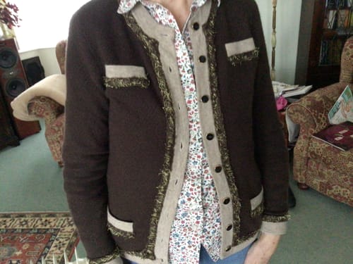 Customer photo review of Brown Gold Trimmed Cashmere Crew Neck Cardigan Medium