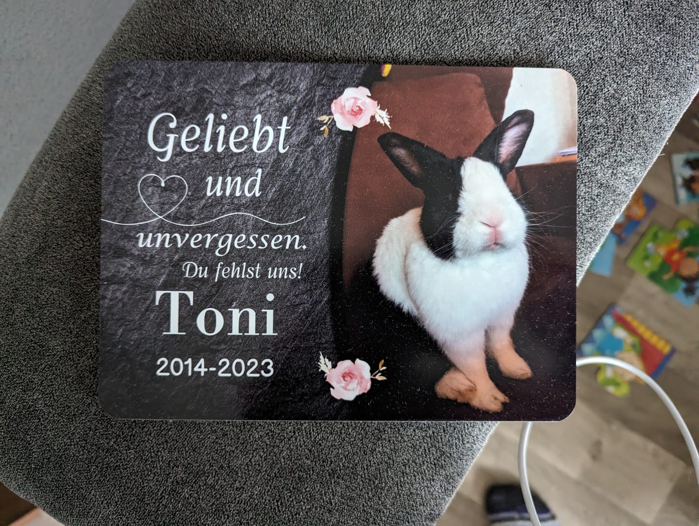 Customer photo review of Kaninchen Gedenktafel mit Foto & Spruch (UV- & Wetterfest)