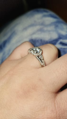 Customer photo review of Halo Round Moissanite With Pear Side Stones Pave Engagement Ring