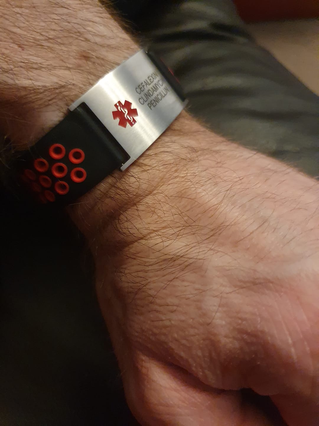 Customer photo review of Ultra Silicone Medical ID Bracelet in Black & Red
