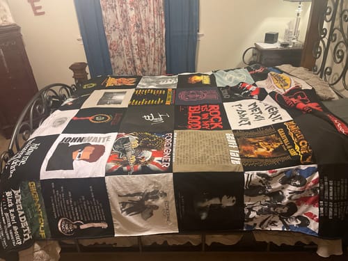 T-shirt quilt with music, rock music themes by Laurie from TX