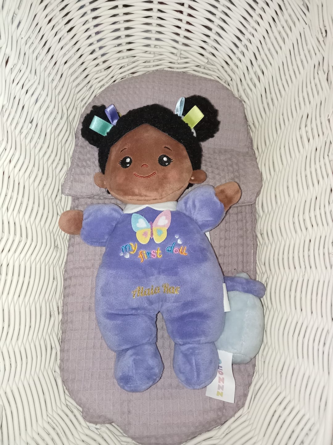 Customer photo review of Personalized Purple Deep Skin Tone Mini Plush Baby Doll & Gift Set