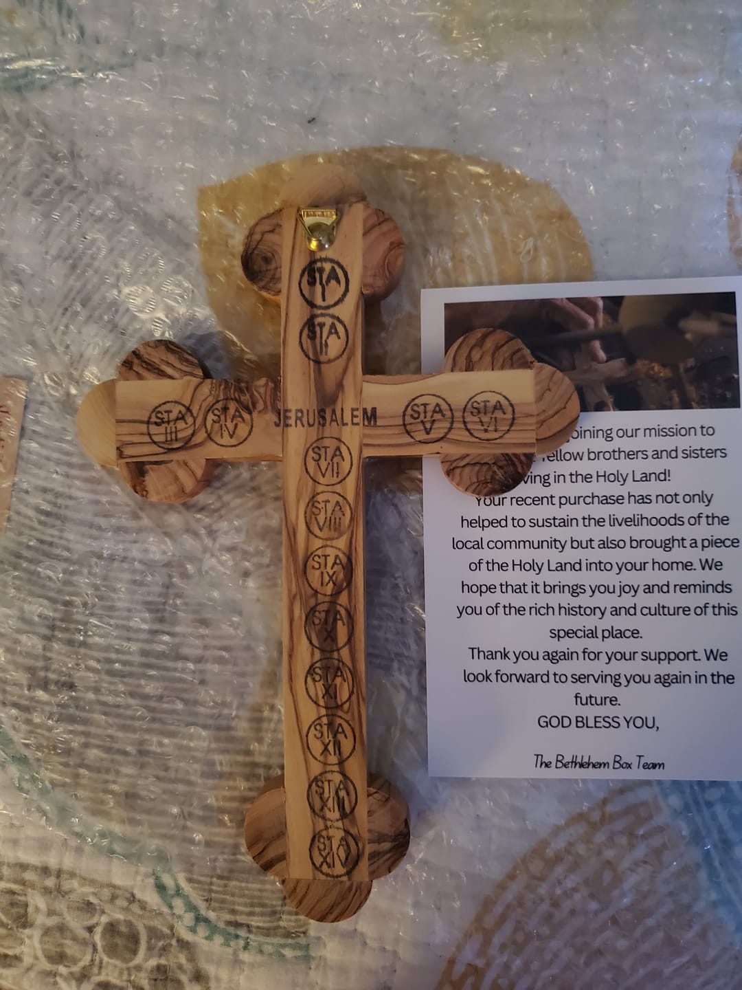 Customer photo review of Olive Wood Crucifix (Partially covered with Mother of Pearl) - Holy Land Crucifixes