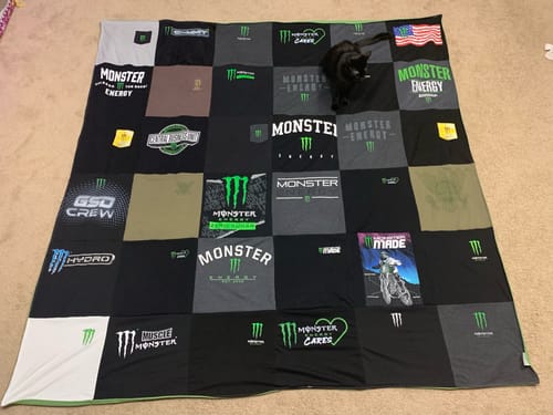 T-shirt quilt with motorsports, energy drinks themes by AnnMarie from IN