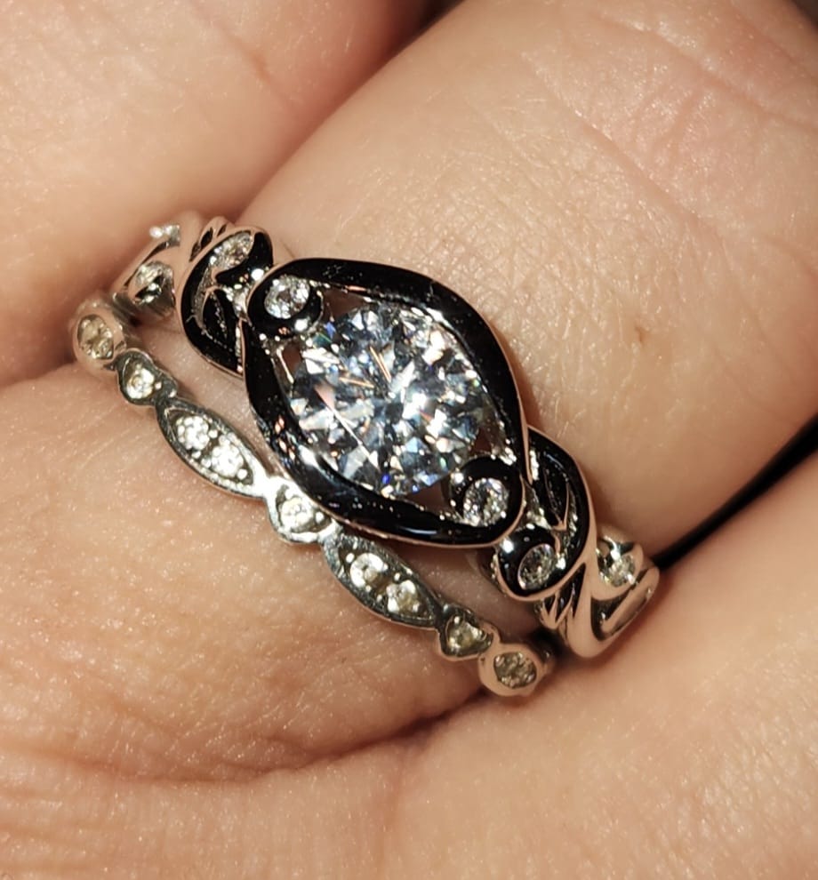 Customer photo review of Bezel Set Round Moissanite Scroll Accents Engagement Ring
