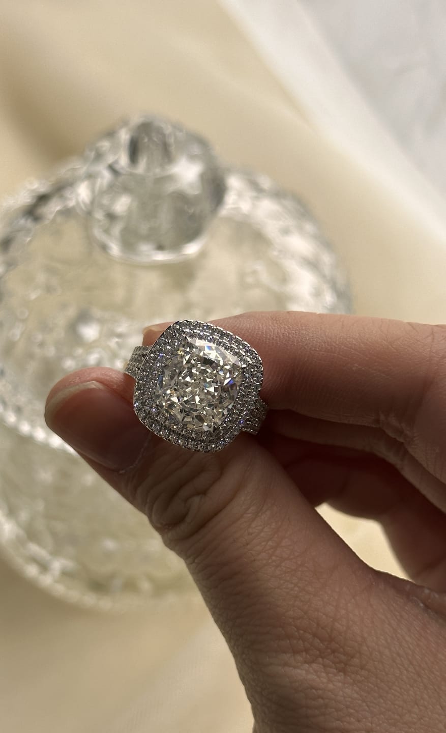 Customer photo review of Louily Luxury Double Halo Three Shank Cushion Cut Engagement Ring