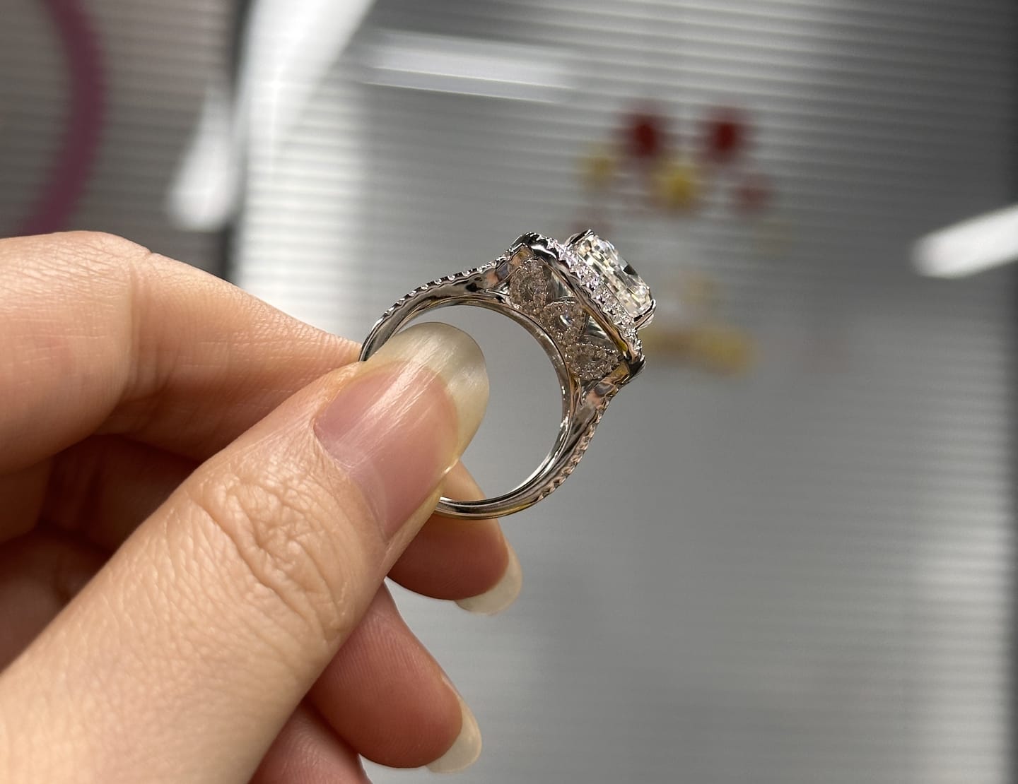 Customer photo review of Louily Luxury Double Halo Three Shank Cushion Cut Engagement Ring