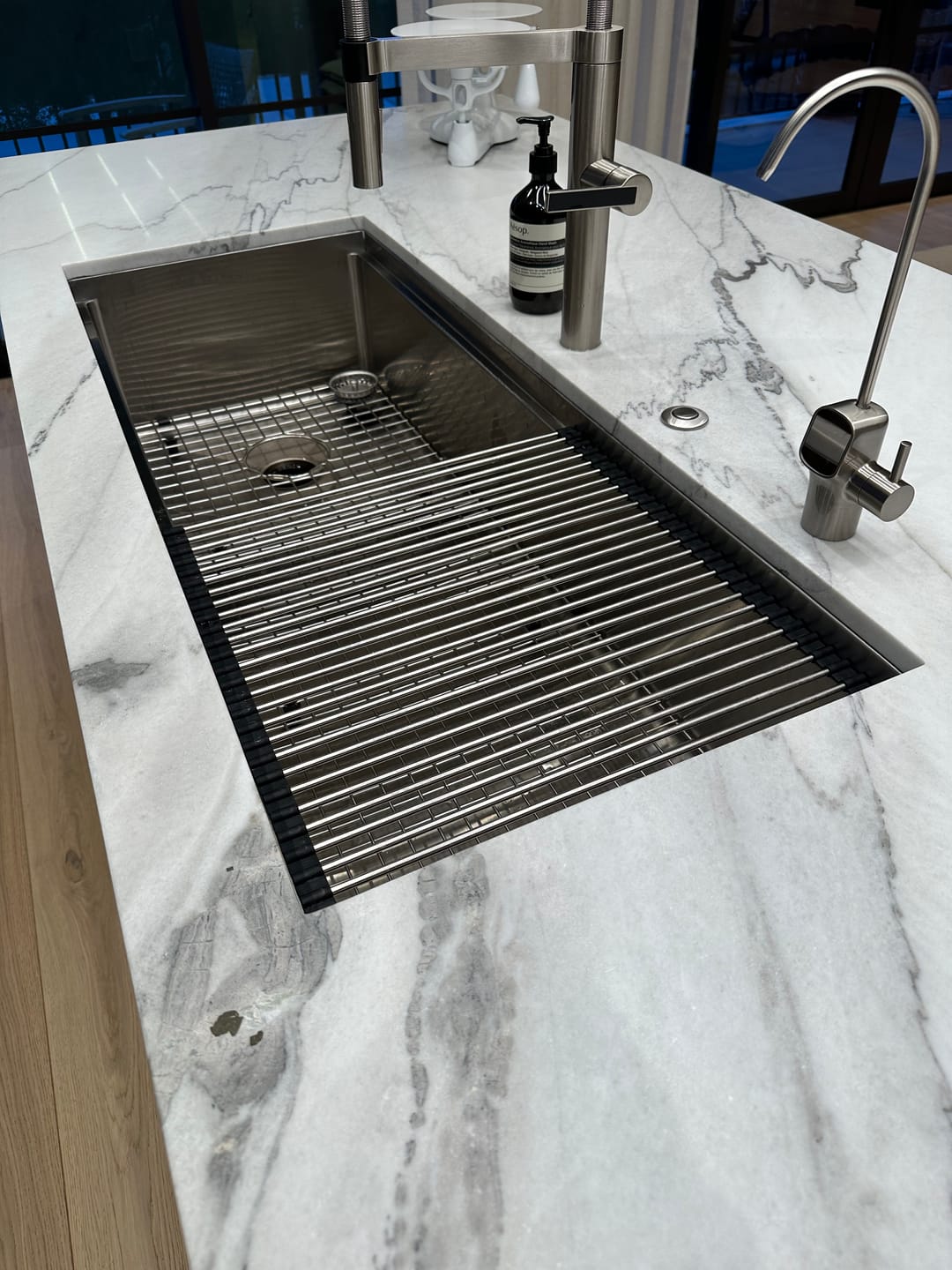 Customer photo review of 46" Undermount Workstation Sink – 16 Gauge Stainless Steel Single Bowl – Reversible Offset Drain – Seamless Drain (5LS46c)
