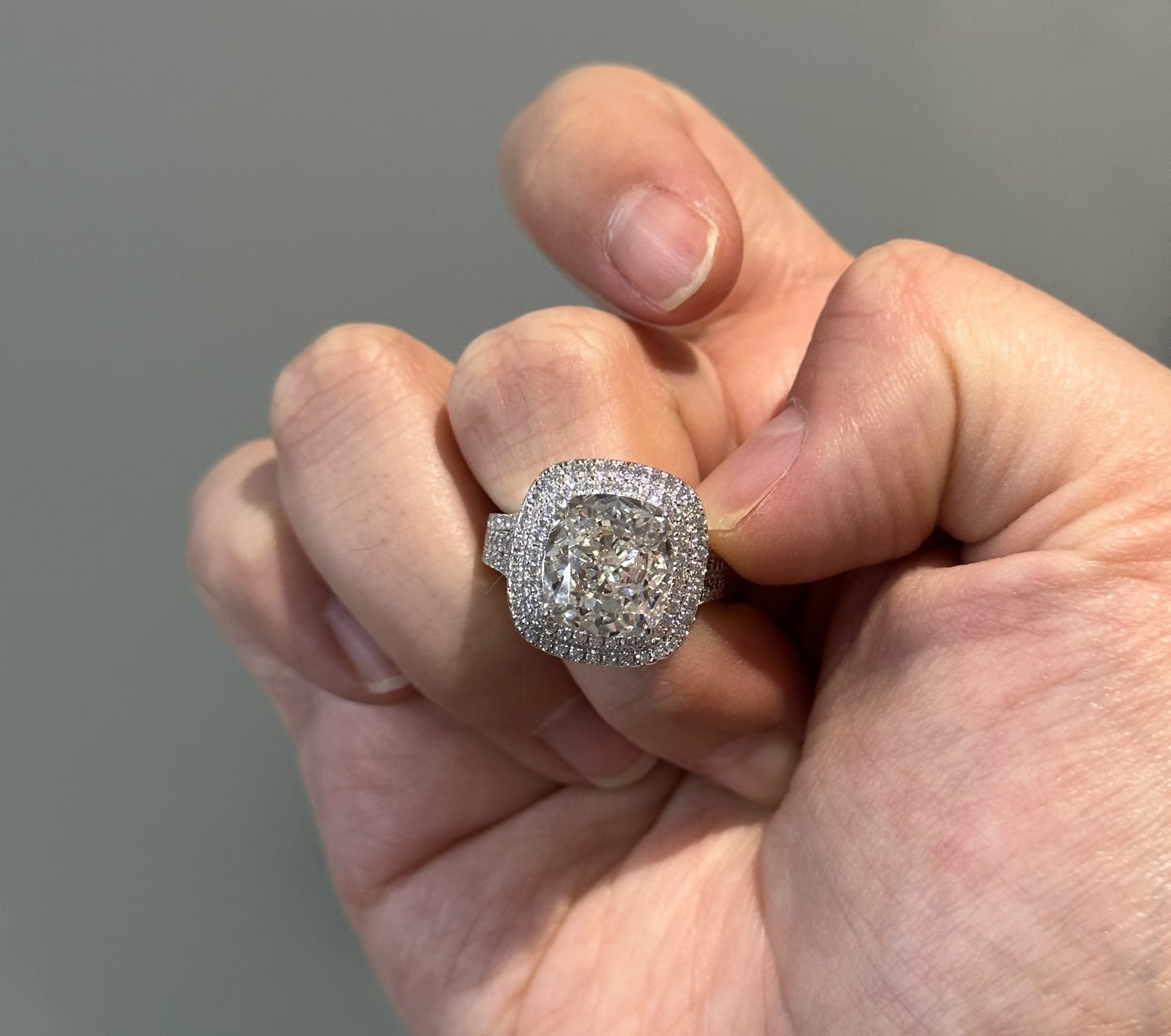 Customer photo review of Louily Luxury Double Halo Three Shank Cushion Cut Engagement Ring