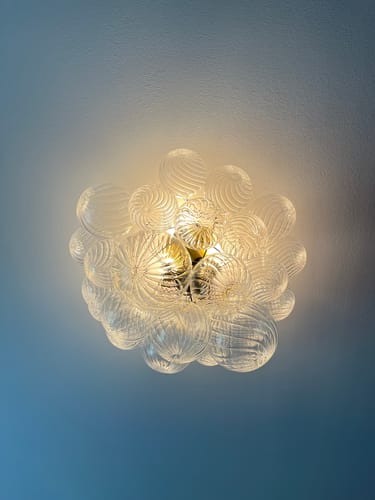 Customer photo review of 3-Light Brass Cluster Ribbed Glass Bubble Semi Flush Chandelier