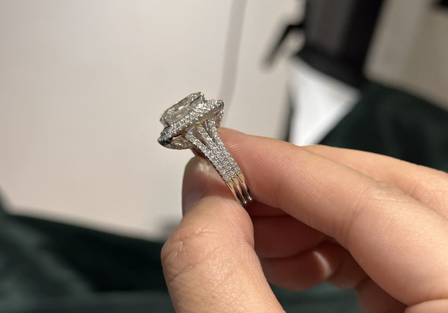 Customer photo review of Louily Luxury Double Halo Three Shank Cushion Cut Engagement Ring