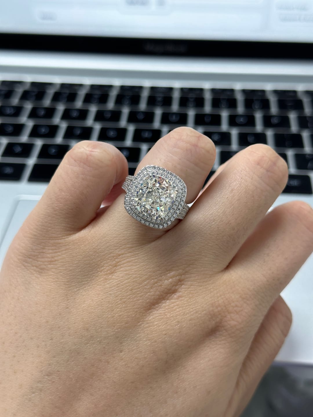 Customer photo review of Louily Luxury Double Halo Three Shank Cushion Cut Engagement Ring