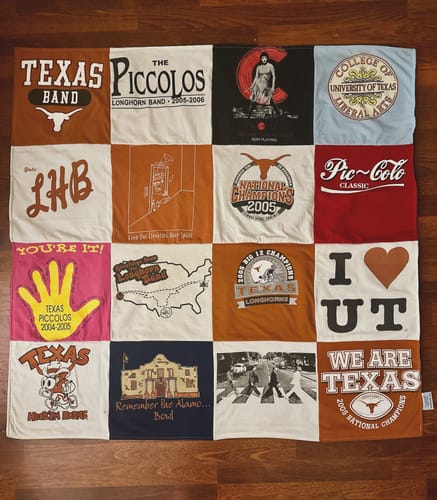 T-shirt quilt featuring longhorns, texas piccolos by Megan from TX