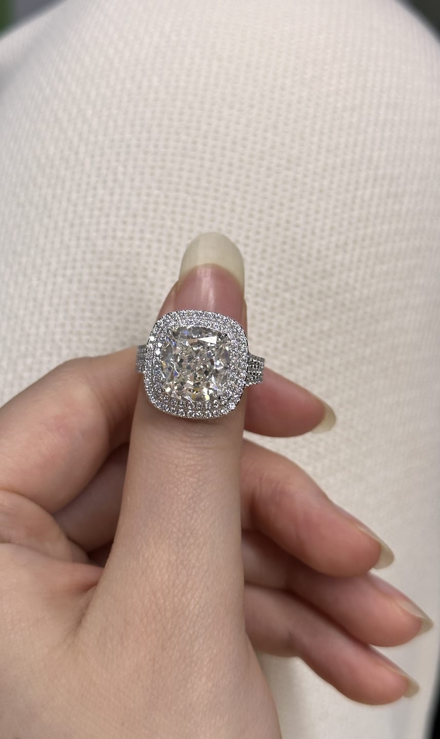Customer photo review of Louily Luxury Double Halo Three Shank Cushion Cut Engagement Ring
