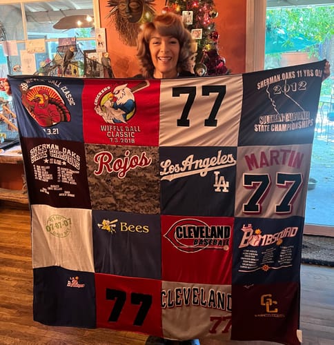 T-shirt quilt with baseball, wiffle ball themes by Susan from CA