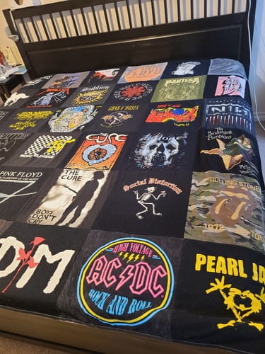 T-shirt quilt with music, rock music themes by stephanie from TX